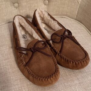 UGG Chestnut Suede Moccasin Slippers with Shearling Lining